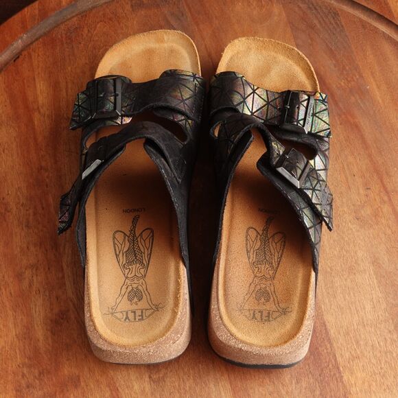 Fly London Sandals Womens SZ EU 40 US 9-9.5 BLK Iridescent Leather Slide Shoes - Picture 8 of 14